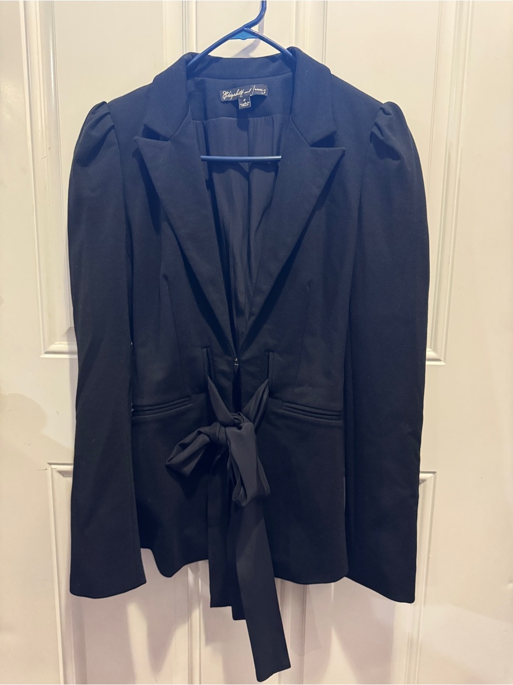 Elizabeth and James Black Belted Tuxedo Blazer Puff Shoulders 100% Silk Lined